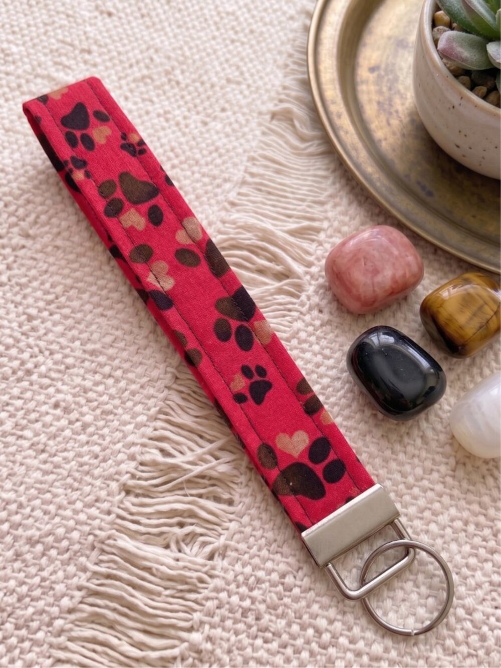 New Handmade Red Dog Paw Print Heart Fabric Key Fob Wristlet Keychain